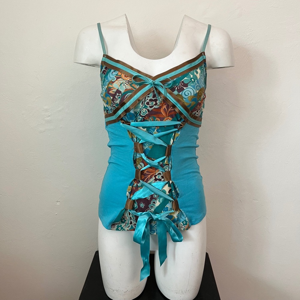 Ornella & Patricia Forgeal Lulu Cami Top Blue Floral Lace Up Y2K Size 2
